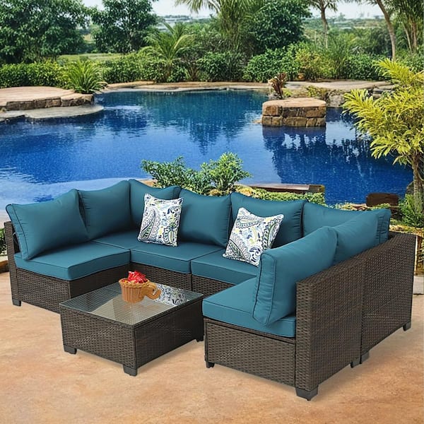 Cesicia Brown 7-Piece Wicker Outdoor Sectional Set with Glass Table and Peacock Blue Cushions