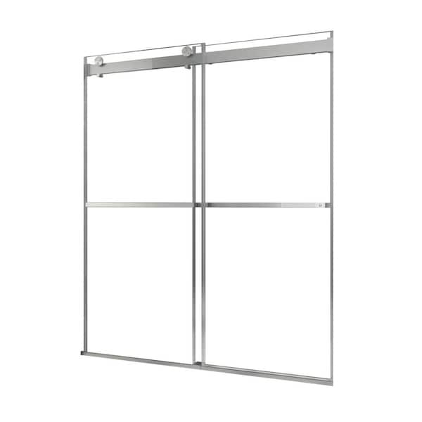 ANGELES HOME 60 in. W x 72 in. H Sliding Frameless Shower Door in Brushed Nickel Finish with 3/8 in. Clear Glass, No Need Wall Groove