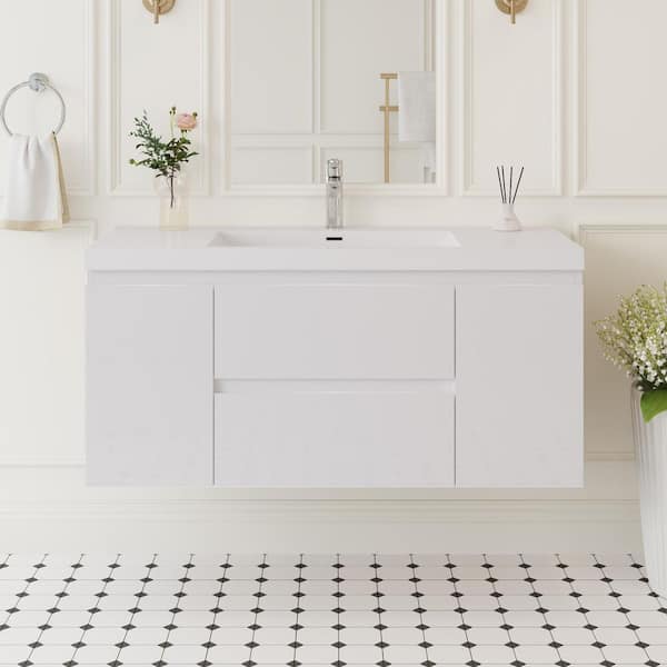 Abruzzo 47.24 in. W x 19.69 in. D x 22.44 in. H Wall Hung Bath Vanity in Glossy White with Resin Basin Vanity Top in White