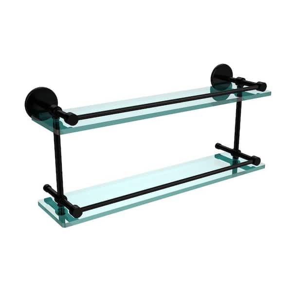 Allied Brass 22 in. L x 8 in. H x 5 in. W 2-Tier Clear Glass Bathroom Shelf with Gallery Rail in Matte Black