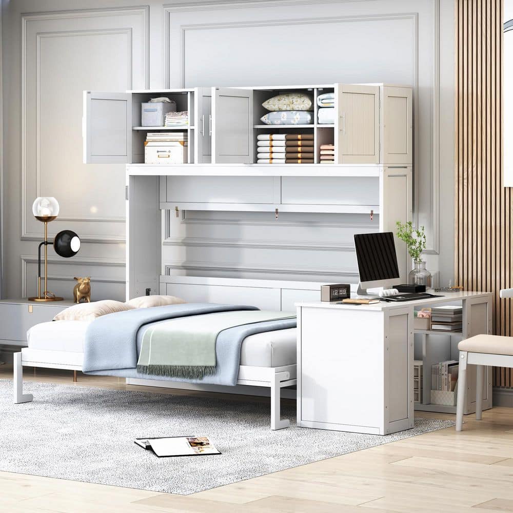 Harper & Bright Designs White Wood Frame Queen Size Murphy Bed Wall Bed ...