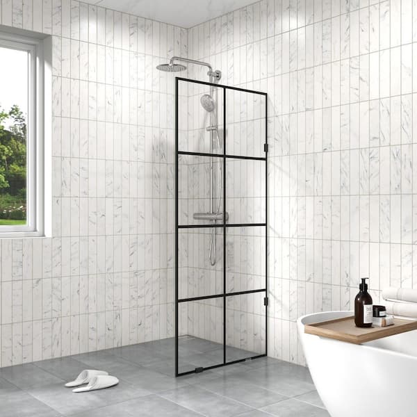 34 in. W x 78 in. H Frameless Fixed Single Panel Shower Screen Door in Black Grid Pattern with 3/8 in.(10mm) Clear Glass