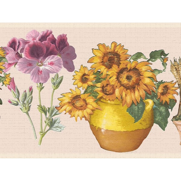 Dundee Deco Falkirk Dandy II Yellow Purple Flowers in Pots Floral Peel and Stick Wallpaper Border