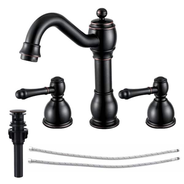 Double Handles 8 in. Widespread Bathroom Faucet 3-Hole Sink Faucet with Pop-Up Drain in Oil Rubbed Bronze
