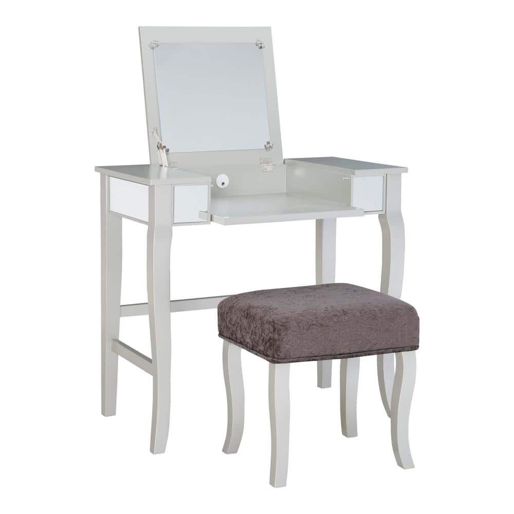 Harper Glam Silver Vanity Set with Flip-up Mirror and Gray Velvet Stool