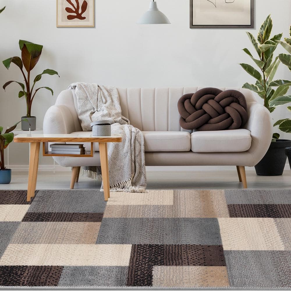 Beige and Blue Geometric Medium Pile Area Rug
