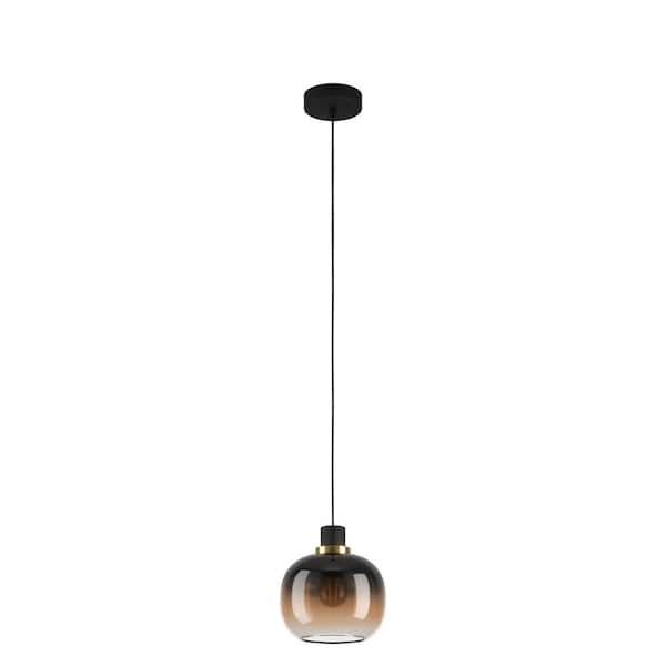 Eglo Oilella 7.55 in. W x 6 in. H 1-Light Structured Black Pendant with Vaporized Amber Glass Shade