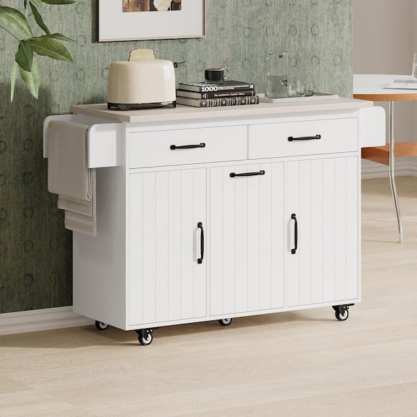 White Wood 51.1 in. Kitchen Island with Trash Can Storage Cabinet, Adjustable Shelf and Drawers