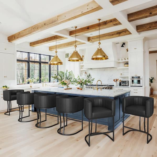 Siska 26 in.Modern Black Faux Leather Upholstered Counter Stool with Black Metal Frame Barrel Counter Bar Stool Set of 6