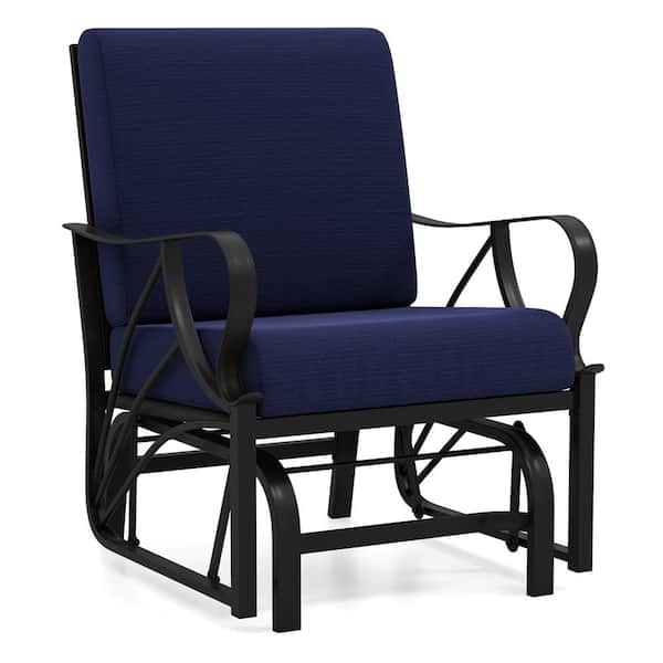 Metal Outdoor Glider Chair Smooth Rocking Single Chair with Thick Navy Cushions and Heavy-Duty Metal Frame