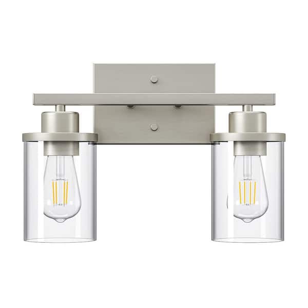 13.19 in. 2-Light Brushed Nickel Vanity Light with Clear Glass Shade