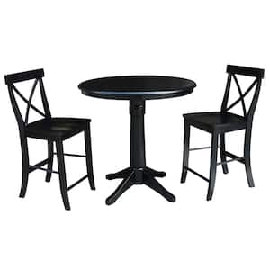 3-Piece Set Olivia Black 30 in Round Solid Wood Counter-height Dining Table and 2 Alexa Armless Stools