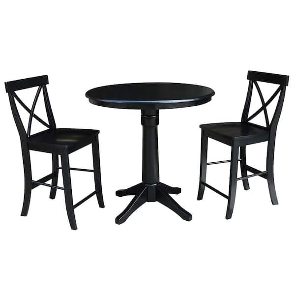 International Concepts 3-Piece Set Olivia Black 30 in Round Solid Wood Counter-height Dining Table and 2 Alexa Armless Stools