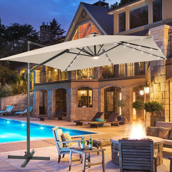 JOYESERY 10 ft. x 8 ft. Outdoor Rectangular Cantilever LED Patio Umbrella, 240 g Solution-Dyed Fabric Aluminum Frame in Sand
