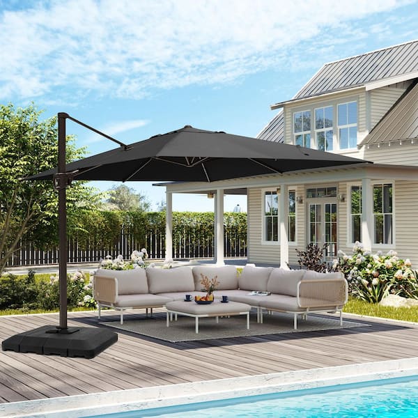 Pellebant 10.5 ft. Square Aluminum Outdoor 360° Rotation Adjustable Tilt Cantilever Patio Umbrella in Black with Base