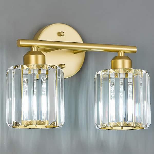 Home Lighting 12.79 in. 2-Light Gold Vertical Bathroom Crystal Vanity Light Over Mirror for Dressing Table Sink