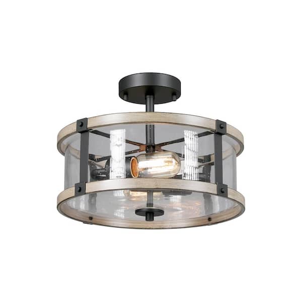 13.5 in. 2-Light Grey Wood/Black Semi-Flush Mount, Display