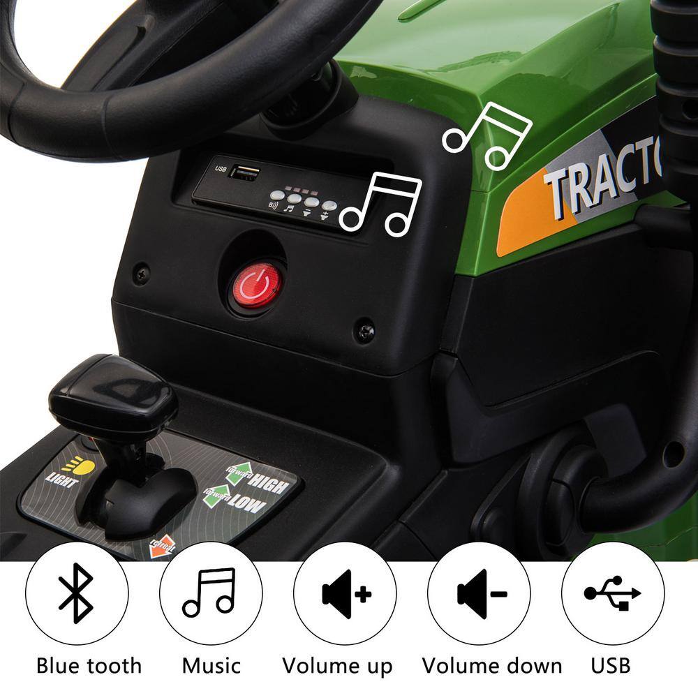 12V Green Ride-On Tractor with Trailer and LED Lights