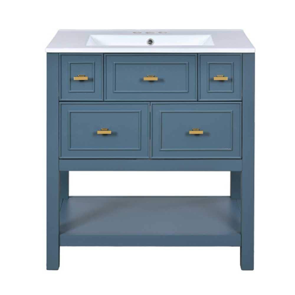 30 in. Freestanding Blue Bath Vanity with White Ceramic Sink Top Combo, 5 D
