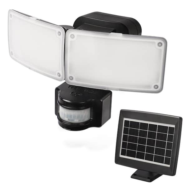 Defiant 180-Degree Black Motion Activated Solar Powered Outdoor 2-Head LED Security Flood Light 1000 Lumens