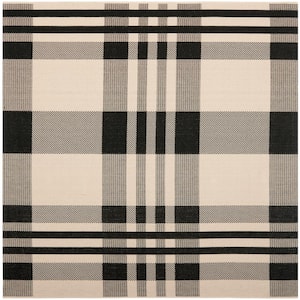 Courtyard Black/Bone 7 ft. x 7 ft. Square Striped Indoor/Outdoor Patio  Area Rug