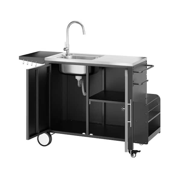 Outdoor Grill Cart Metal Stainless Steel 49.5 x 18.1 x 35.5 in Rolling Prep Table Sink Storage Outdoor Kitchen Cabinet
