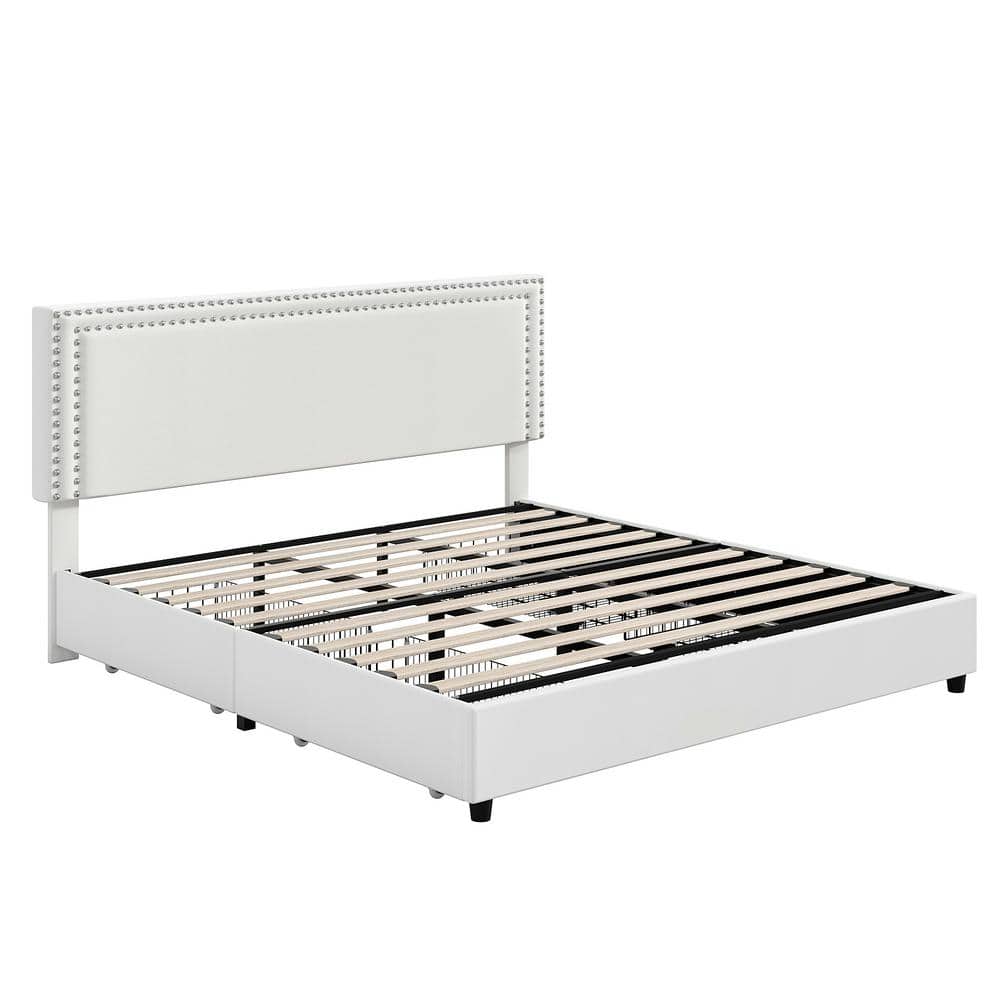 White Velvet Upholstered King Platform Bed with Storage Drawers