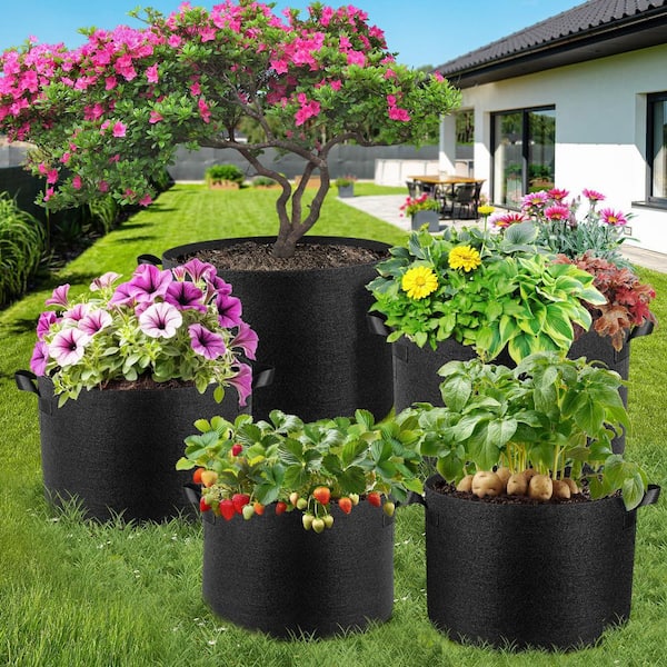 MISOPILY 5 Gal. Black Nonwoven Fabric Round Outdoor Planter Grow Bags with Handles, Excellent Drainage, 10-Pack