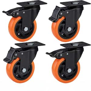 4-Piece 4 in. Heavy Duty Orange Polyurethane Caster Wheels with Brake for Furniture and Workbench