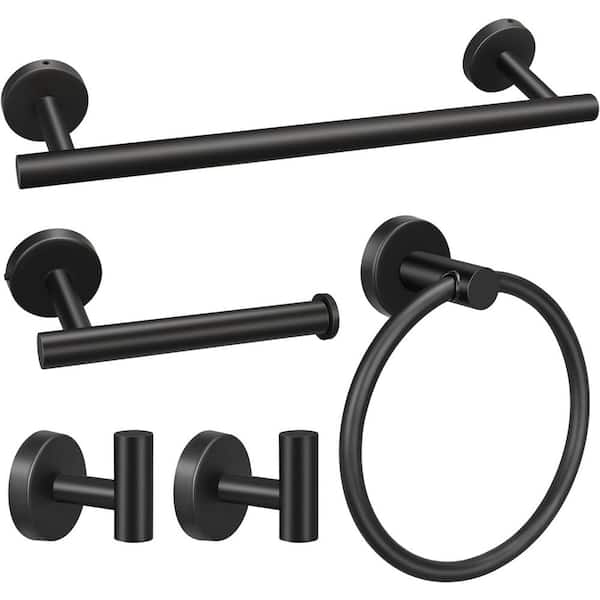 5-Pieces Bath Hardware Set-16" Hand Towel Bars, Toilet Paper Holders, Towel Rings, Robe Towel Hooks in Matte Black