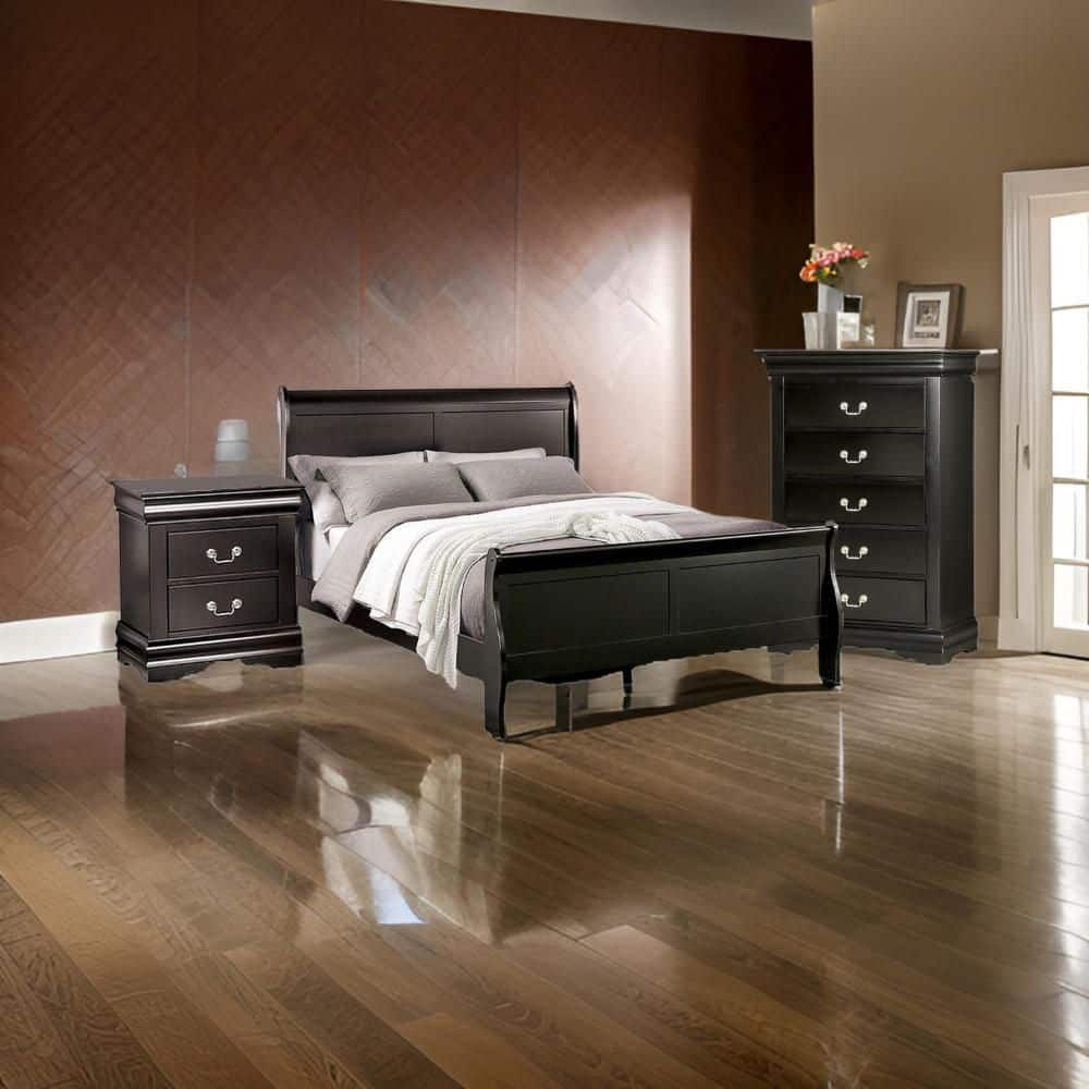 Benjara Ry 3-Piece Black Solid Wood Full Size Bedroom Set with Sleek ...