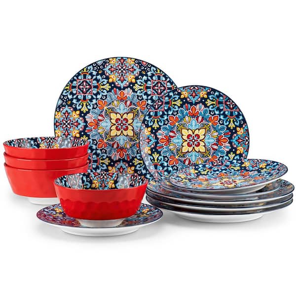 12-Piece Red Porcelain Dinnerware Set Service for 4 Dining Set with Dinner Plates Dessert Plates and Bowls