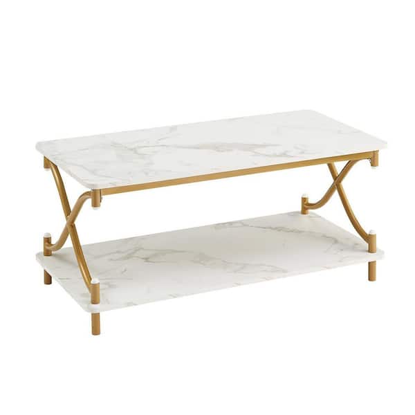 VECELO X-Design Coffee Table for Livingroom, 2 Tier rectangle coffee tables ，Room Coffee Tables w/Storage Shelf，39.37"L，Gold