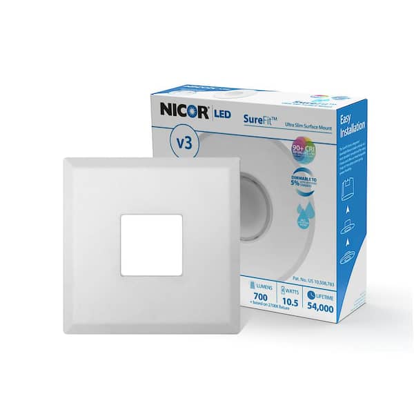 NICOR DLF SureFit(v3) 5 in. 10.1-Watt Square White Integrated LED Recessed Light Trim, 4000K