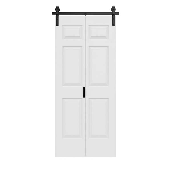 36 in. x 84 in. Paneled 6-Lite White Primed Hollow Core MDF Composite Bi-fold Door with Bifold Barn Door Hardware