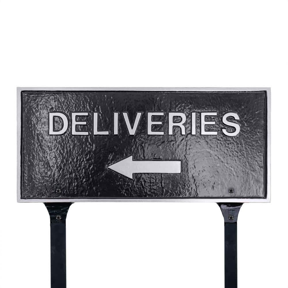 "7.25"" x 15.25"" Deliveries with Left Arrow Standard Rectangle Statement Plaque with Lawn Stakes - Black/Silver" product image for price tracking