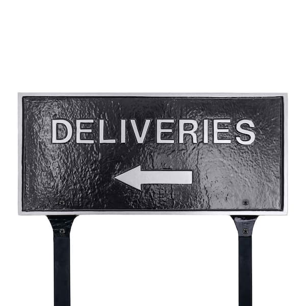 Montague Metal Products 7.25" x 15.25" Deliveries with Left Arrow Standard Rectangle Statement Plaque with Lawn Stakes - Black/Silver
