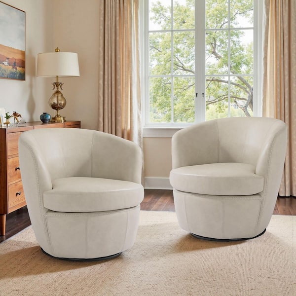 Minimalistic Beige PU Leather Swivel Barrel Arm Chair with Metal Base (Set of 2)