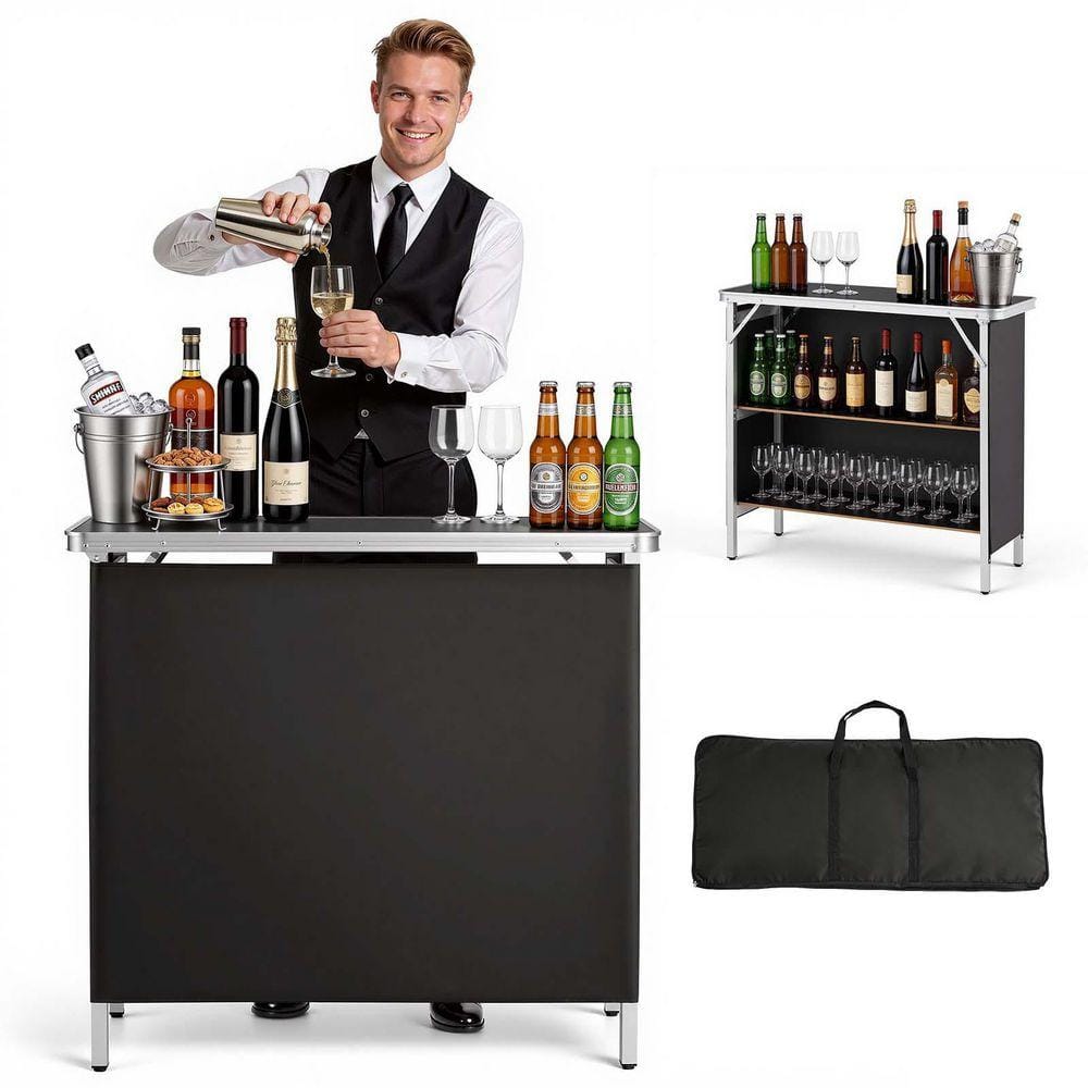 VEVOR Folding Portable Bar Table, 38.6 x 15.2 x 34.3 in., with Carry Bag Storage Shelf and Detachable Skirt, Easy Setup