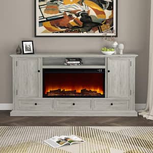 72 in. Farmhouse Wooden TV Stand with Electric Fireplace and 3-Drawers in Gray Fits TVs up to 70 in.