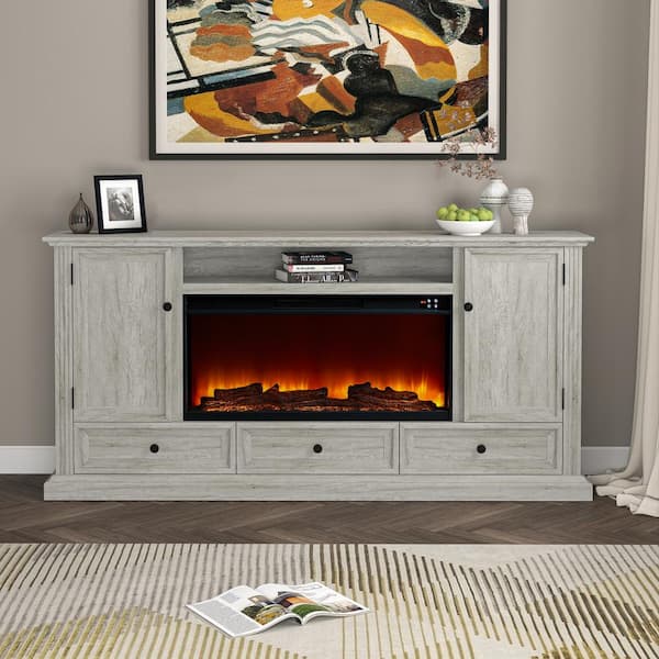 FESTIVO 72 in. Farmhouse Wooden TV Stand with Electric Fireplace and 3-Drawers in Gray Fits TVs up to 70 in.