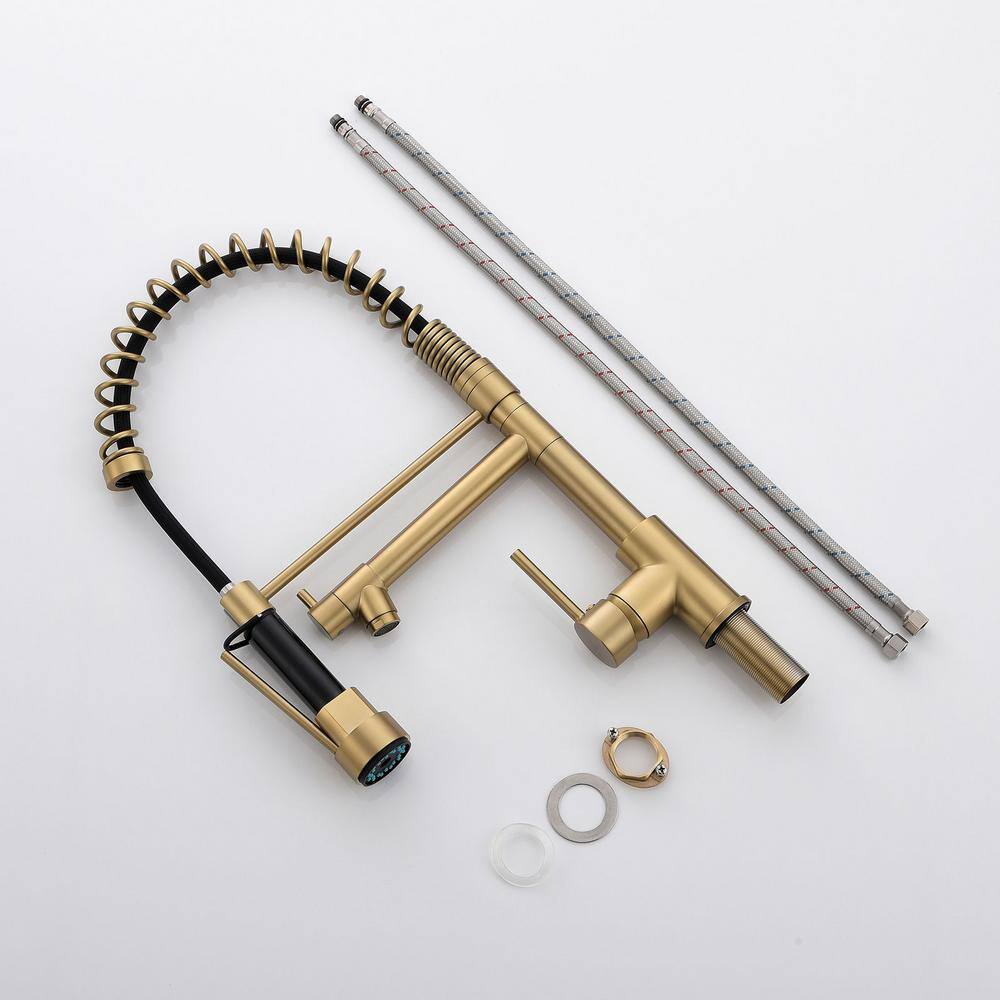 Brushed Gold Brass Pull-Down Kitchen Faucet with Spray