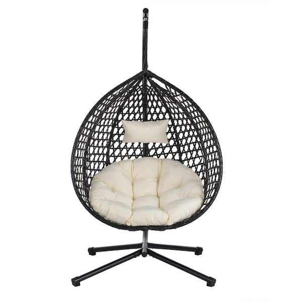 Tenleaf 1-Person Wicker Versatile Hanging Egg Chair Patio Swing with Beige Cushions and Adjustable Headrest