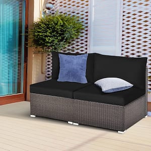2-Pieces Wicker Outdoor Patio Sectional Armless Sofas Rattan Furniture Set with Black Cushions