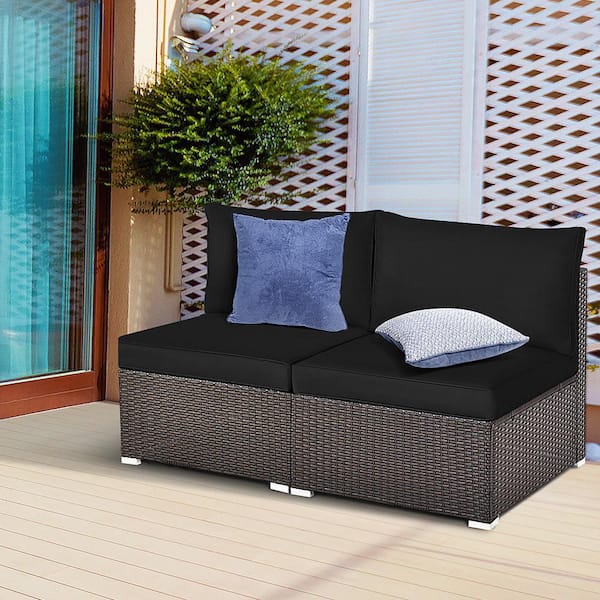 2-Pieces Wicker Outdoor Patio Sectional Armless Sofas Rattan Furniture Set with Black Cushions