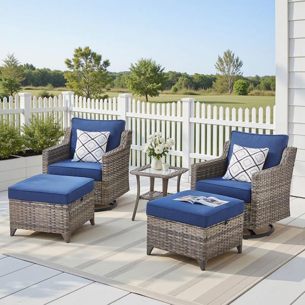 Trisca 5-Piece Wicker Patio Furniture Sets with Swivel Glider Chairs, Outdoor Conversation Seating with Blue Cushions