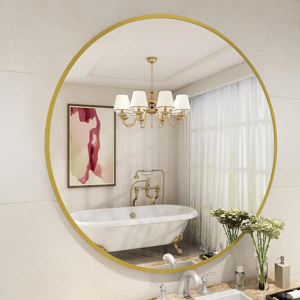 Apmir 36 in. W x 36 in. H Round Aluminum Alloy Framed French Cleat Mounted Wall Decor Bathroom Vanity Mirror in Matte Gold