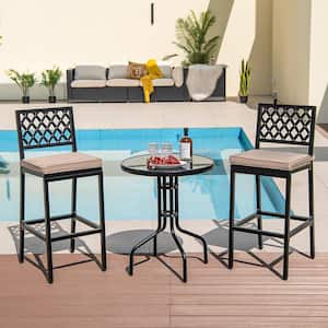 27 in. Black + Beige Metal Bar Stools Outdoor Bar Height Dining Chairs with Cushion Set of 2