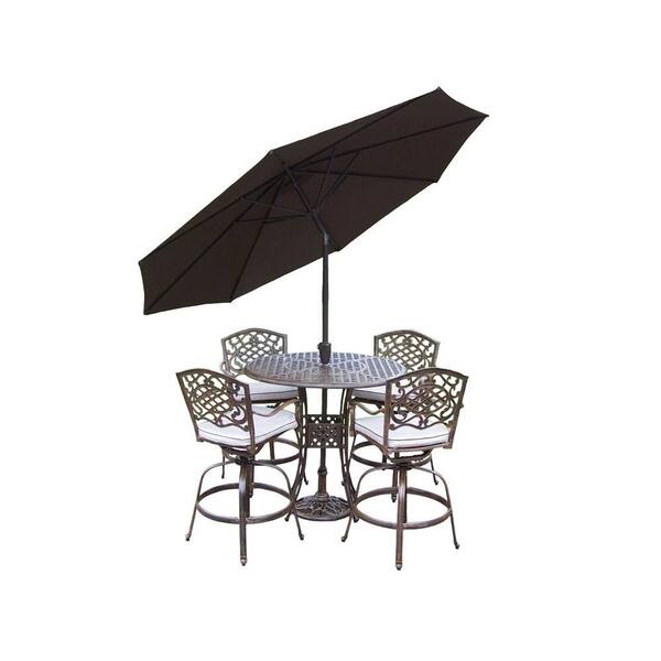 Oakland Living Elite Mississippi Cast Aluminum 5-Piece Swivel Patio Bar Set with Solid Cushions, Tilting Umbrella and Stand