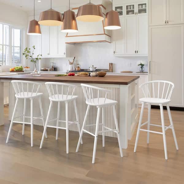 LUE BONA Winson Windsor 30 in.White Solid Wood Bar Stool for Kitchen Island Counter Stool with Spindle Back Set of 4
